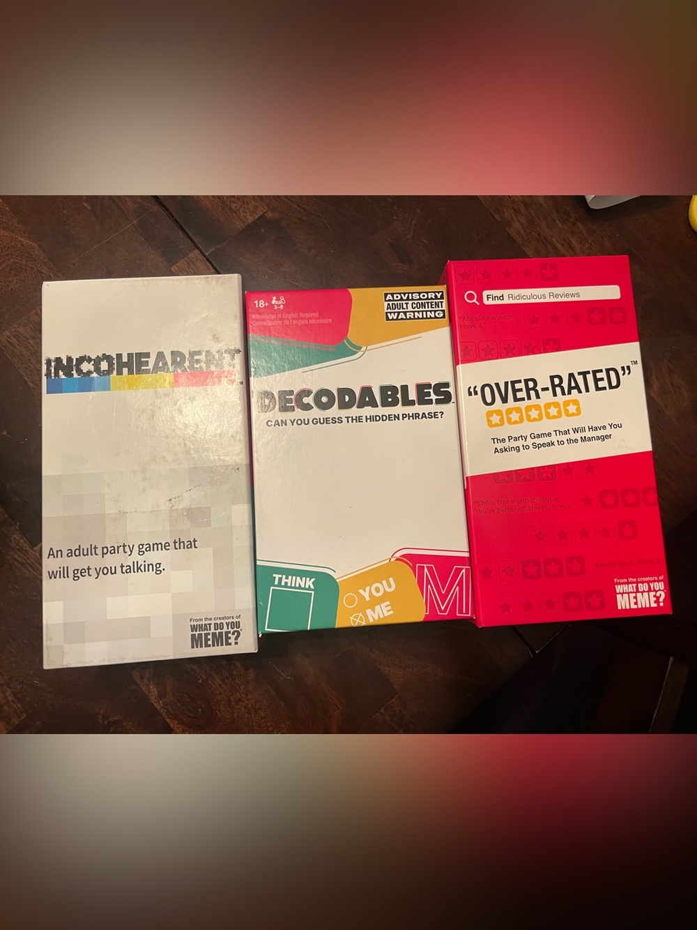 Lot of 3 Adult Party Card Games - Incohearent, Decodables, & Over-Rated
